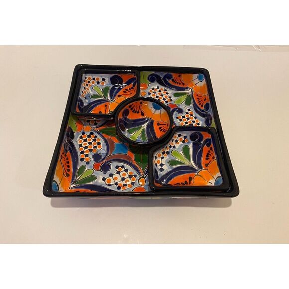 Vintage Talavera Large Hand Painted Serving Plate and 2 Small Corner Dishes Blue - Picture 2 of 12